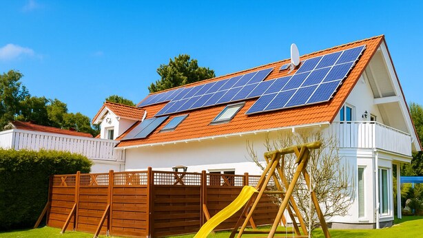 Ein Haus mit Solardach, umzäunter Garten und Schaukel.