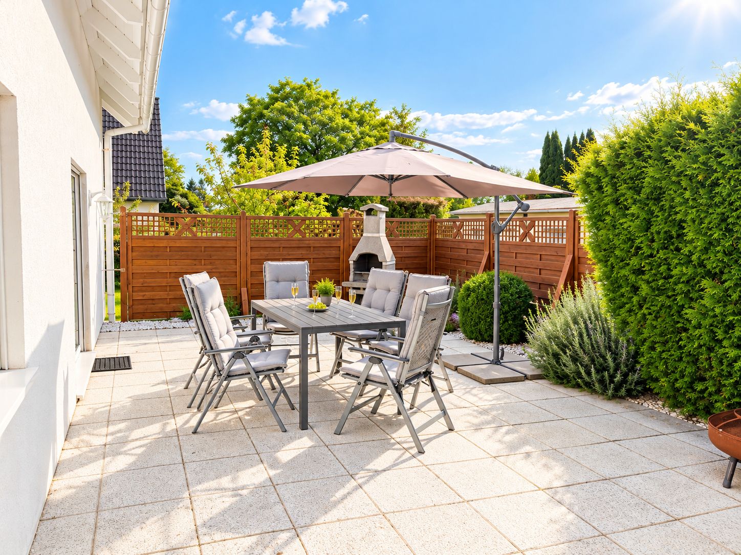 An outdoor patio with a table and chairs, a barbecue grill, and a wooden fence.