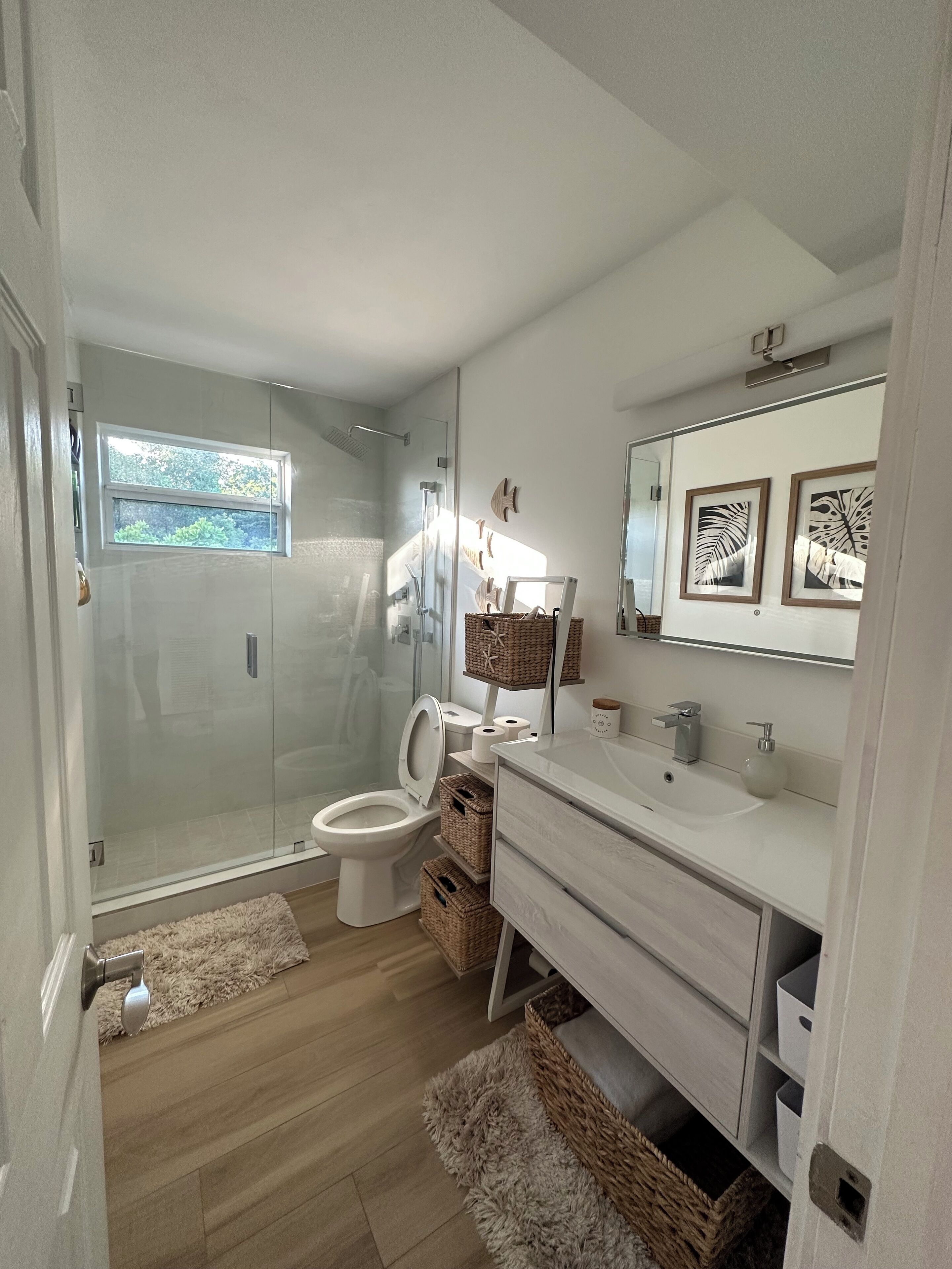 Hair dryer, towels, soap, toilet paper