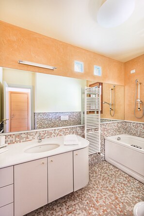 Shower, hair dryer, bidet, towels