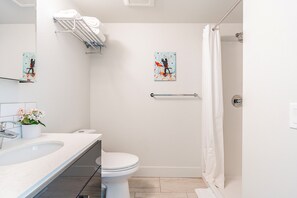 Shower, hair dryer, towels, soap - Cityscape KING BED on Broadway Modern Loft (Seattle)