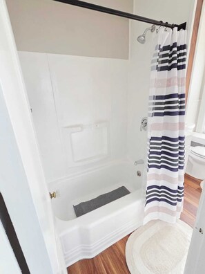 Hair dryer, towels, soap, toilet paper