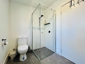 Regadera, toallas, jabón, papel de baño