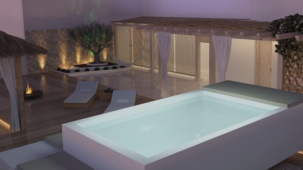 Ett modernt utomhusområde med pool, bubbelpool, solstolar och en eldstad.