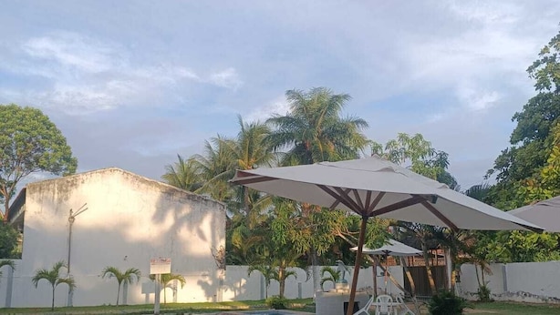 A swimming pool with a tiled deck, surrounded by palm trees and a white wall. - Pousada Oasis Tamandare (Tamandaré)