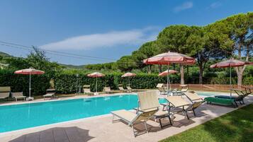 Ein Pool mit Liegestühlen und Sonnenschirmen, umgeben von Grünflächen und Bäumen.