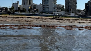 Un edificio moderno e slanciato con numerosi balconi, situato vicino a una spiaggia di sabbia.