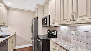 Fridge, microwave, stovetop, high chair