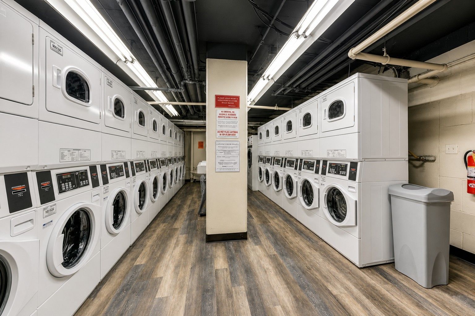 A laundry facility with multiple washing machines and dryers, a wooden floor, and a fire extinguisher on the wall.