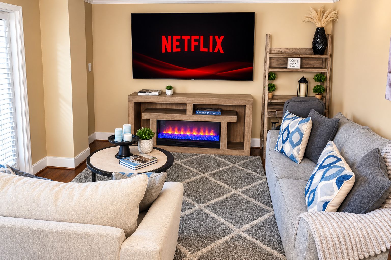 Smart TV, fireplace, books