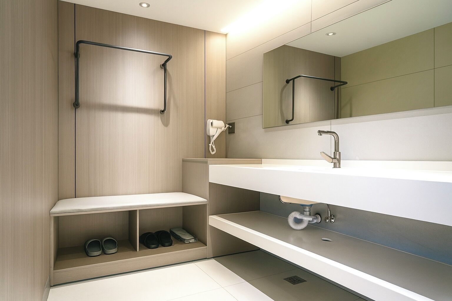 A modern bathroom with a wooden vanity, a large mirror, and a built-in shelf with shoes.