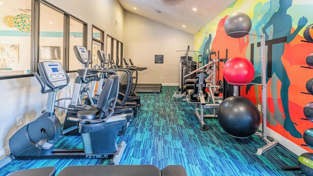 A gym with exercise equipment, a colorful mural, and a patterned carpet.
