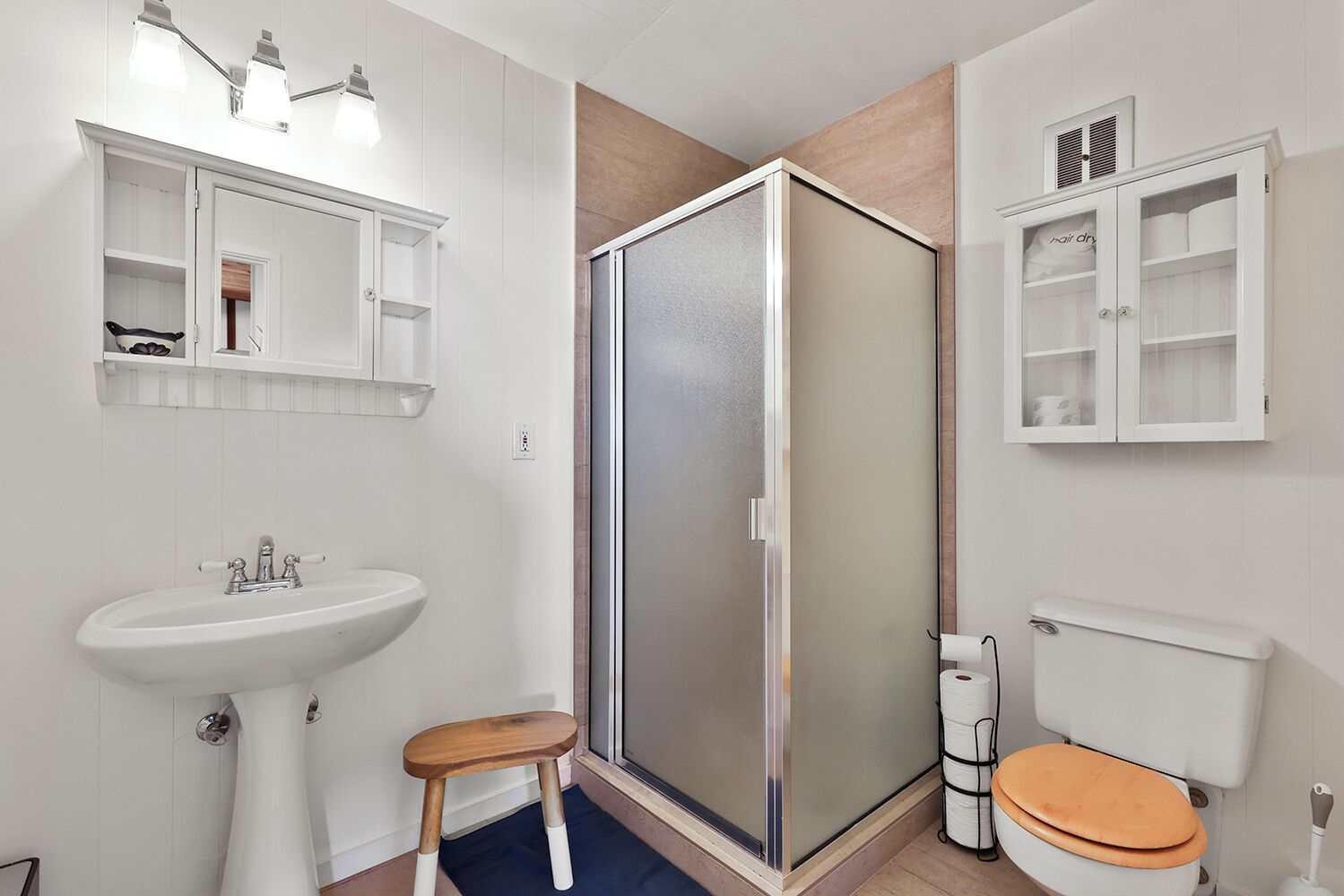 Hair dryer, towels, soap