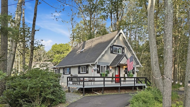 A cabin with a porch, a flag, and a path leading to it.