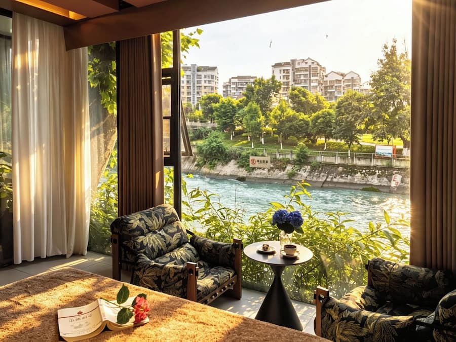 Una habitación con vista al río, dos sofás estampados, una mesita con un jarrón y un libro.