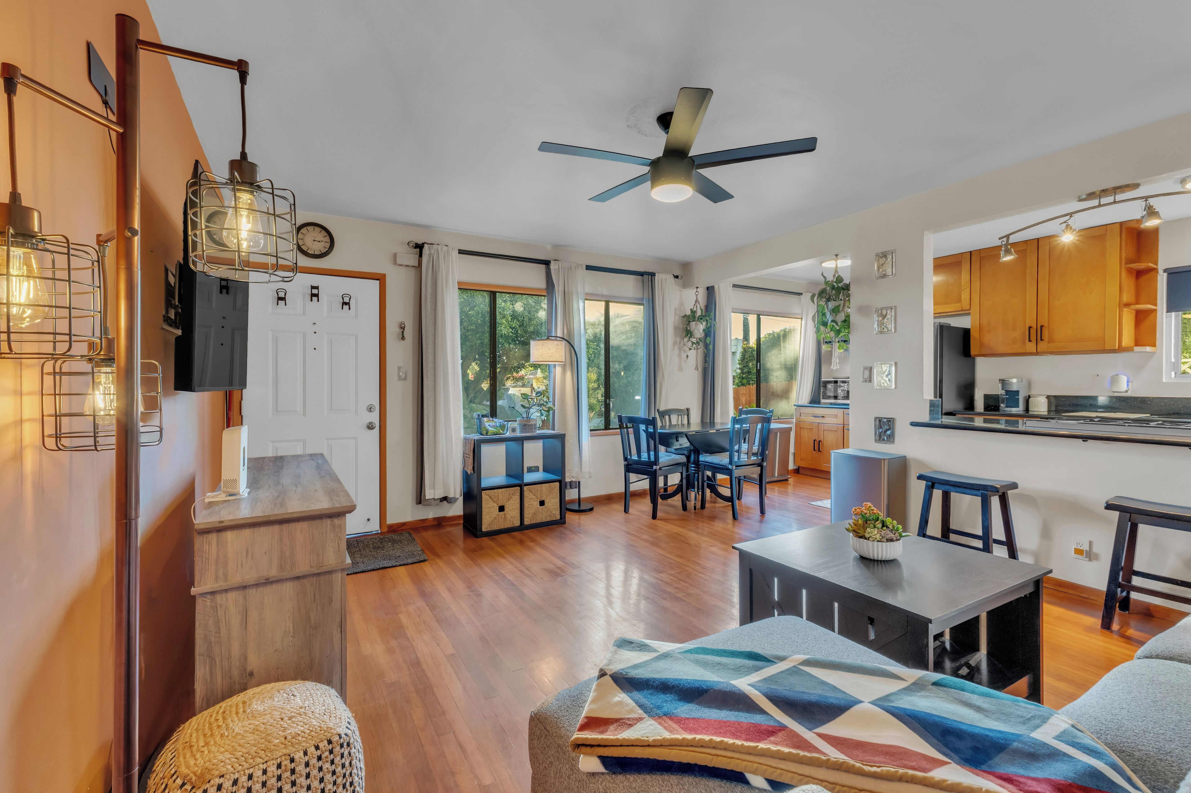 Smart TV, fireplace, books