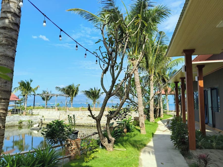 A tropical resort with a pool, palm trees, and a view of the ocean.