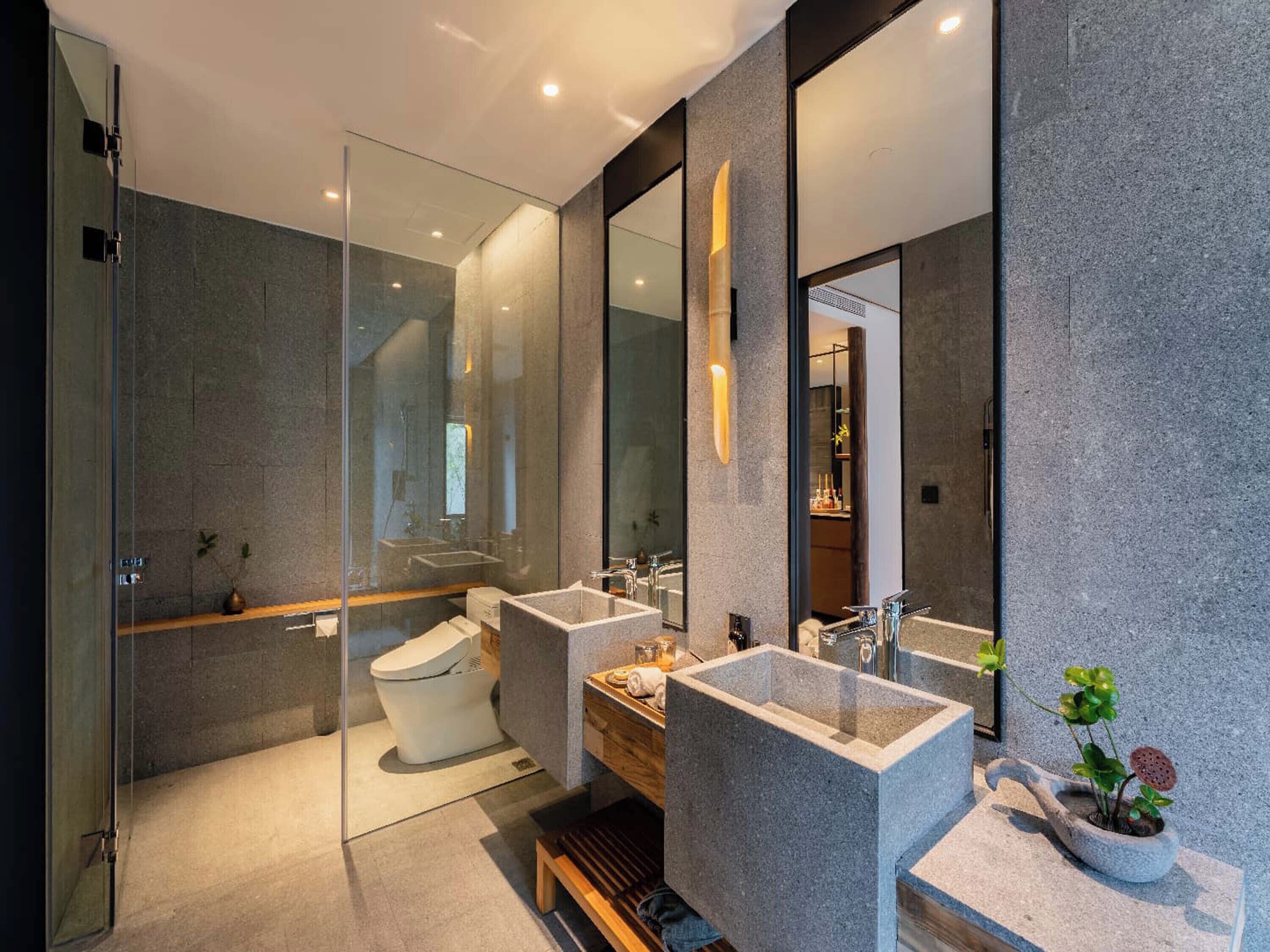 A modern bathroom with a glass shower enclosure, a freestanding toilet, and a vanity with a large mirror.