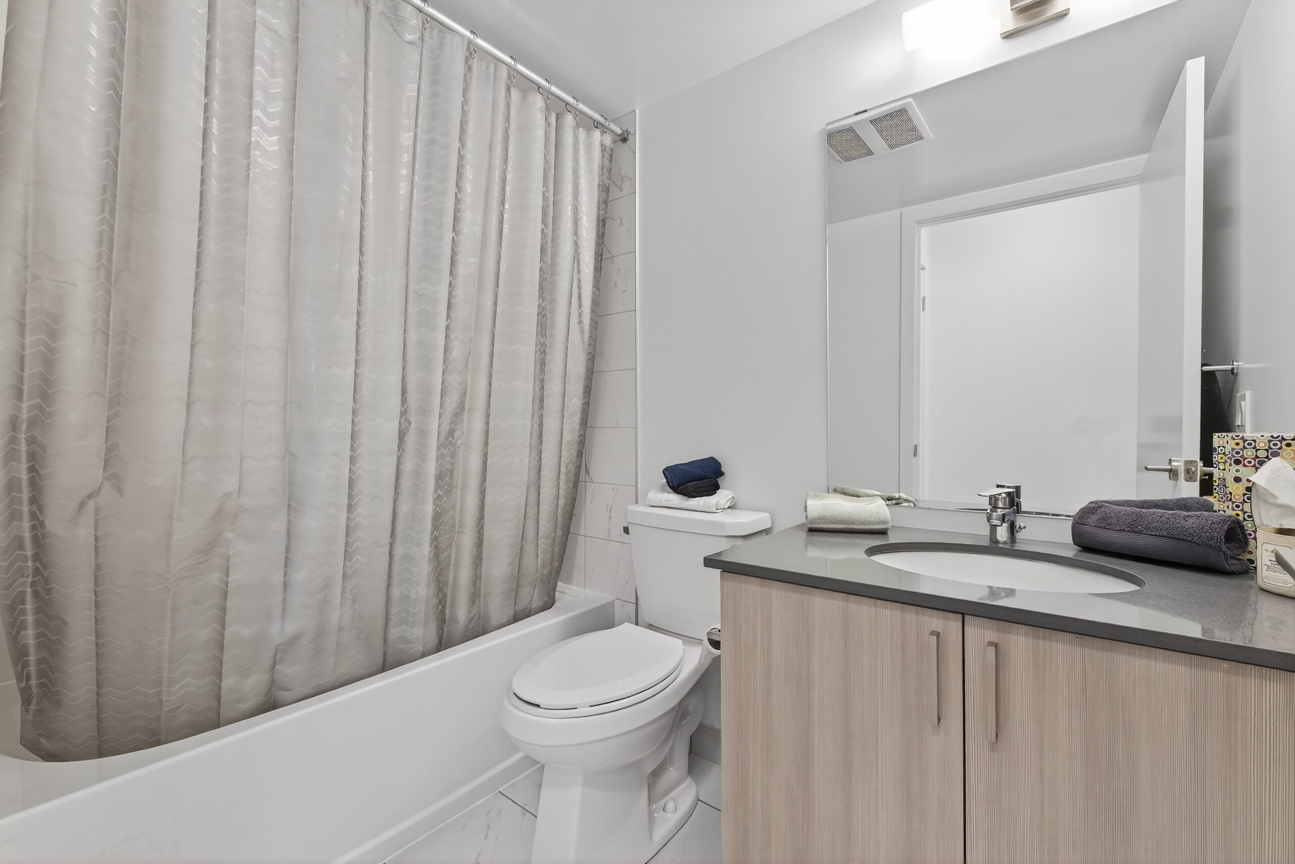 Hair dryer, towels, toilet paper