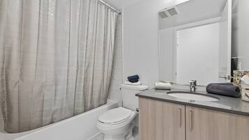 Hair dryer, towels, toilet paper