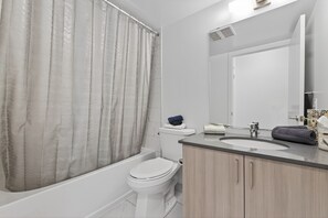 Hair dryer, towels, toilet paper