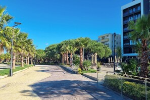 Un sendero pavimentado bordeado de palmeras y follaje, que conduce a un edificio con terraza.