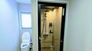 Shower, hair dryer, bidet, towels