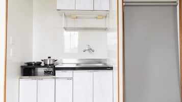 Fridge, microwave, stovetop, cookware/dishes/utensils