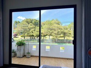 Ein Zimmer mit einer Schiebetür, die auf einen Balkon mit Topfpflanzen und Blick auf einen Park führt.