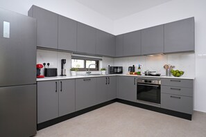 A modern kitchen with grey cabinets, a stainless steel refrigerator, a microwave, and an oven. There are potted plants on the counter and a window above the sink. - Villa Esmeralda - Luxury Villa in Pernera (Paralimni)
