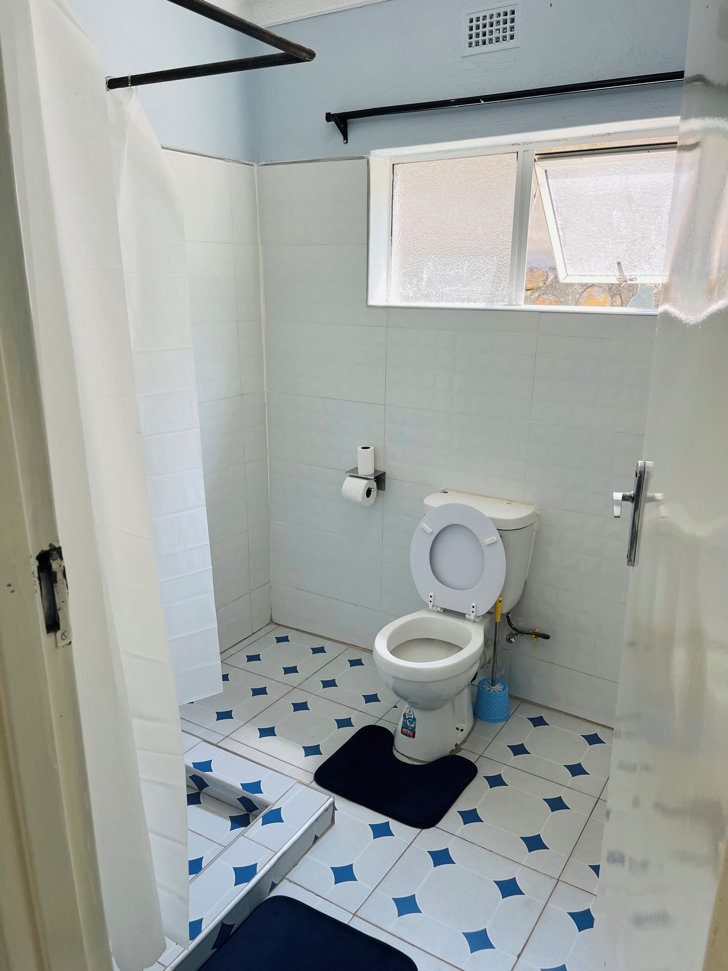 Shower, towels, soap, toilet paper