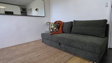 A room with a grey sofa, a patterned rug, a mirror, and a small shelf.