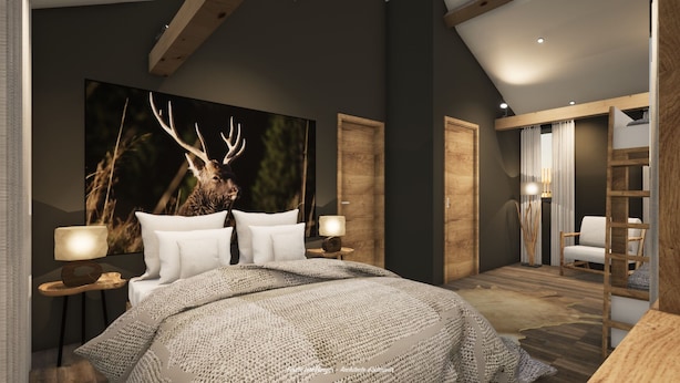 A bedroom with a large bed, two bedside tables with lamps, a wooden ceiling, and a large deer painting on the wall. - Domaine Le H (Hohrod)