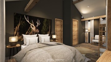 Un dormitorio con una cama grande, dos mesitas de noche con lámparas, techo de madera y un cuadro grande de un ciervo en la pared.