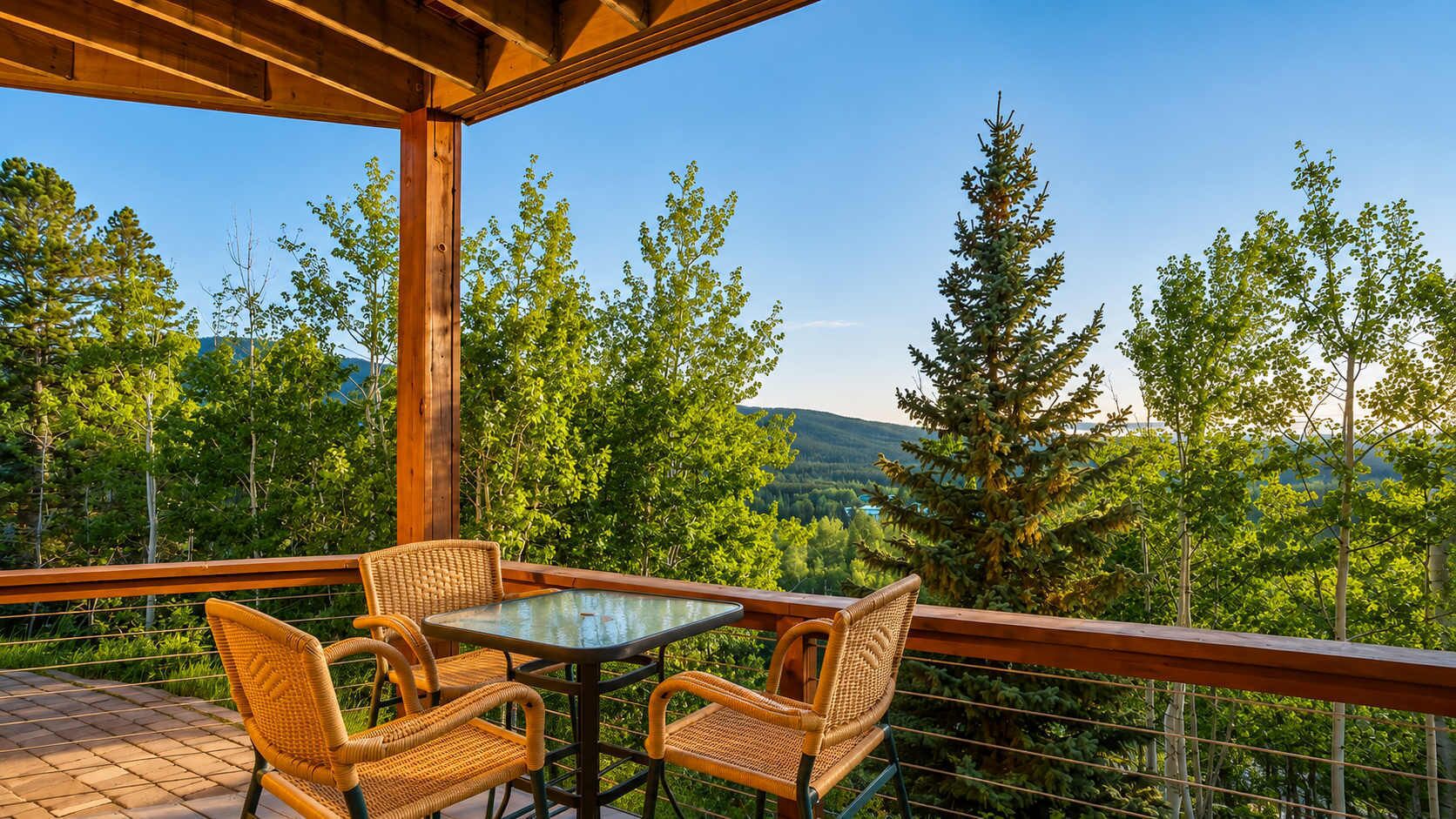 A covered outdoor seating area with a table and chairs, overlooking a forested landscape.