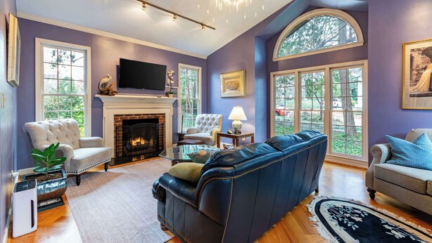 A living room with a fireplace, a large sofa, and a television.