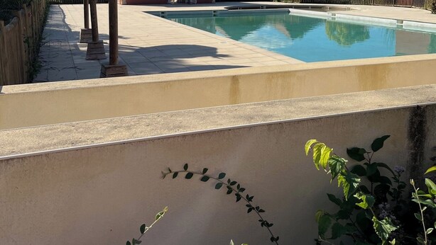 Ein Swimmingpool mit einem Gazebo unter einem Reetdach, ein rotes Gebäude und ein eingezäunter Garten.
