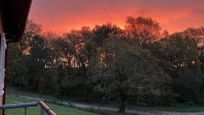 Sonnenuntergangblick von einem Balkon mit Geländer, mit Blick auf eine Wiese und Bäume.