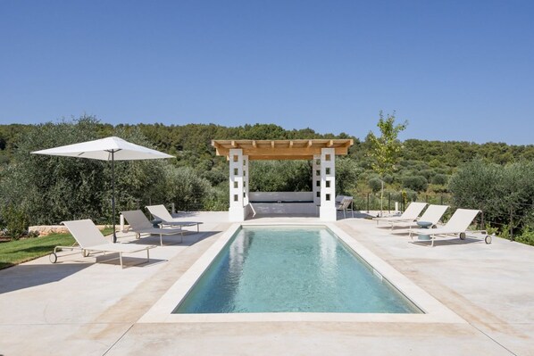 A rectangular pool with lounge chairs and a pergola structure.
