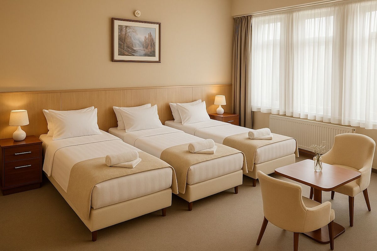 A hotel room with three beds, a small table, a chair, a nightstand, a lamp, and a framed picture on the wall.