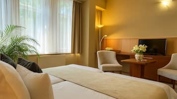 Habitación con 2 camas individuales, vista al patio | Caja de seguridad en la habitación, escritorio y cortinas blackout