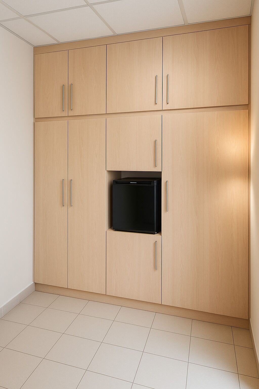 A room with a large wardrobe, a flat-screen TV, and tiled flooring.