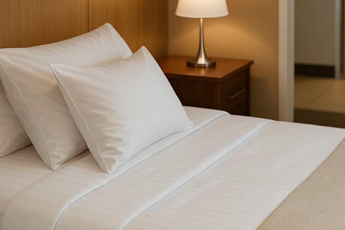 A neatly made bed with white bedding, a wooden headboard, and a bedside table with a lamp.