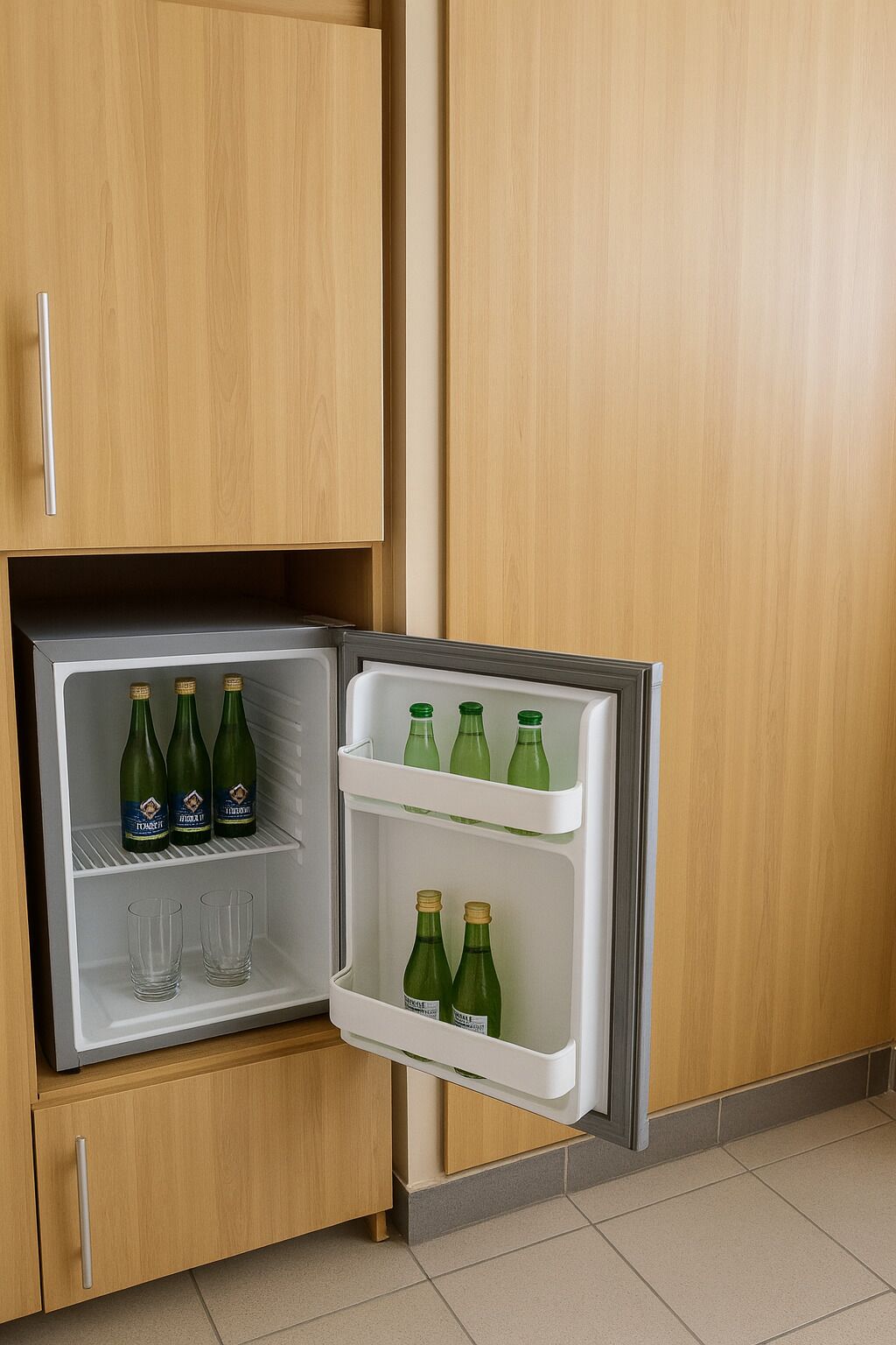 Un petit réfrigérateur doté de plusieurs étagères, dont certaines contiennent des bouteilles et des verres.