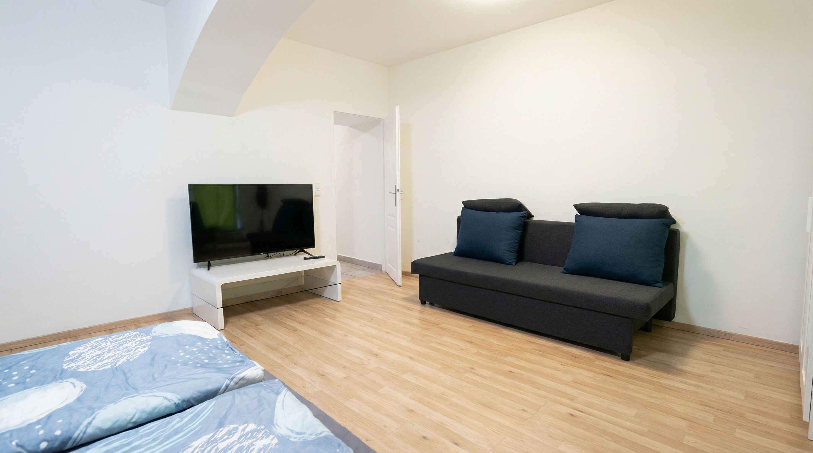 Una habitación moderna y minimalista con un televisor de pantalla plana, un sofá con cojines, una cama con cubrecama estampado en azul, y suelo de madera.