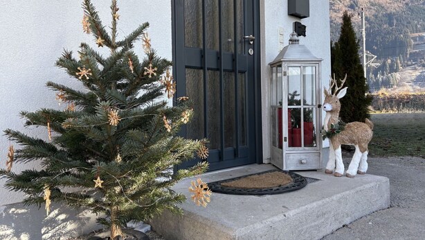 Un pequeño árbol de Navidad con adornos de estrella frente a una puerta negra, un farol con figura de reno y un buzón en la pared.