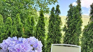 Una mesa con un florero, una silla y vistas a árboles y colinas.