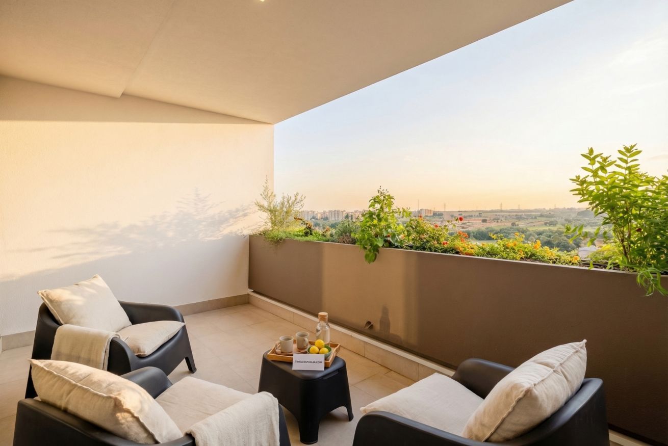 A balcony with two black lounge chairs, a small table with a tray of lemons, and a view of a cityscape.