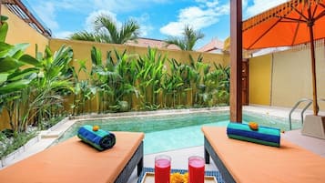 Outdoor pool, pool umbrellas, pool loungers