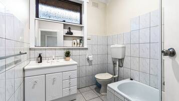 Eco-friendly toiletries, hair dryer, towels, toilet paper